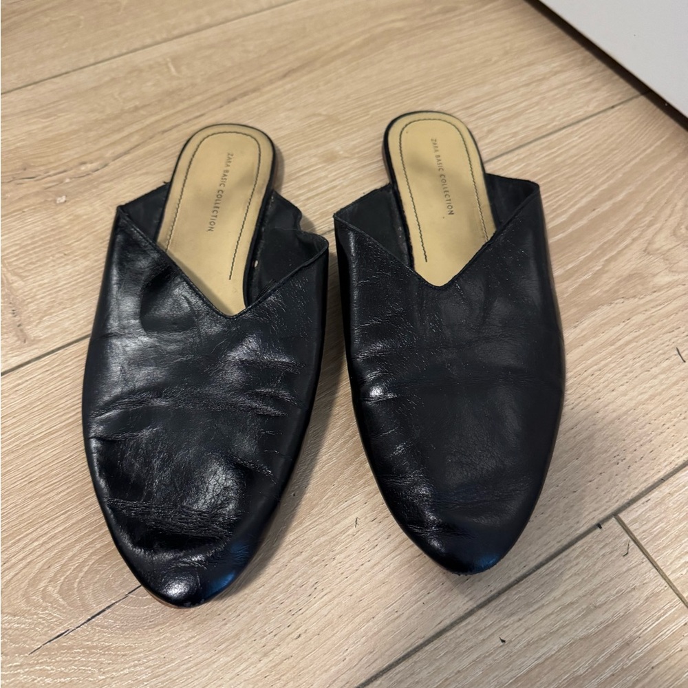 Zara Black Leather Mules